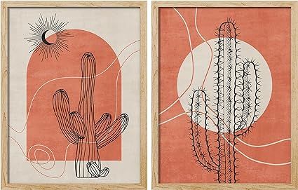 Desert Chic Decor, Cactus Abstract, Mid Century Landscape, Wall Art Set Of 2, Art Set Of 2, Desert Landscape, Crafts With Pictures, Boho Dekor, Geometric Wall Art