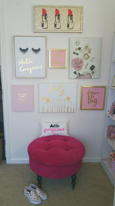 Makeup Artist Room Decor, Lash And Nails Room Decor, Diy Nail Room Decor Wall Art, Pink Lash Room Decor, Makeup Room Paintings, Makeup Artist Room Ideas, Makeup Studio Wall Painting, Wall Paper For A Beauty Salin, Nail Technician Room