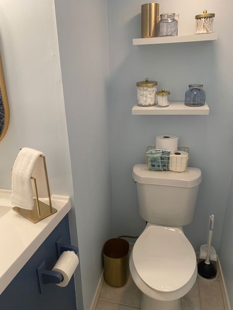 Blue and Gold Bathroom Remodel! Dusty Blue Bathroom Decor, Light Blue And Gold Bathroom, White Gold Bathroom Ideas, Light Blue Bathroom Decor, Blue And Gold Bathroom, Light Blue Bathroom, Aqua Kitchen, Cream Bathroom, Gold Bathroom Decor