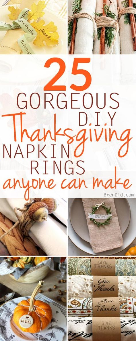 These 25 gorgeous DIY Thanksgiving napkin rings will inspire your place settings for the big day. The easy table decorations can all be completed with minimal efforts: check out the free printables and simple patterns. Diy Napkin Rings Thanksgiving, Easy Table Decorations, Napkin Ring Ideas, Thanksgiving Napkin Ring, Thanksgiving Napkin Folds, Diy Place Settings, Diy Napkin Holder, Simple Table Decorations, Thanksgiving Napkin Rings