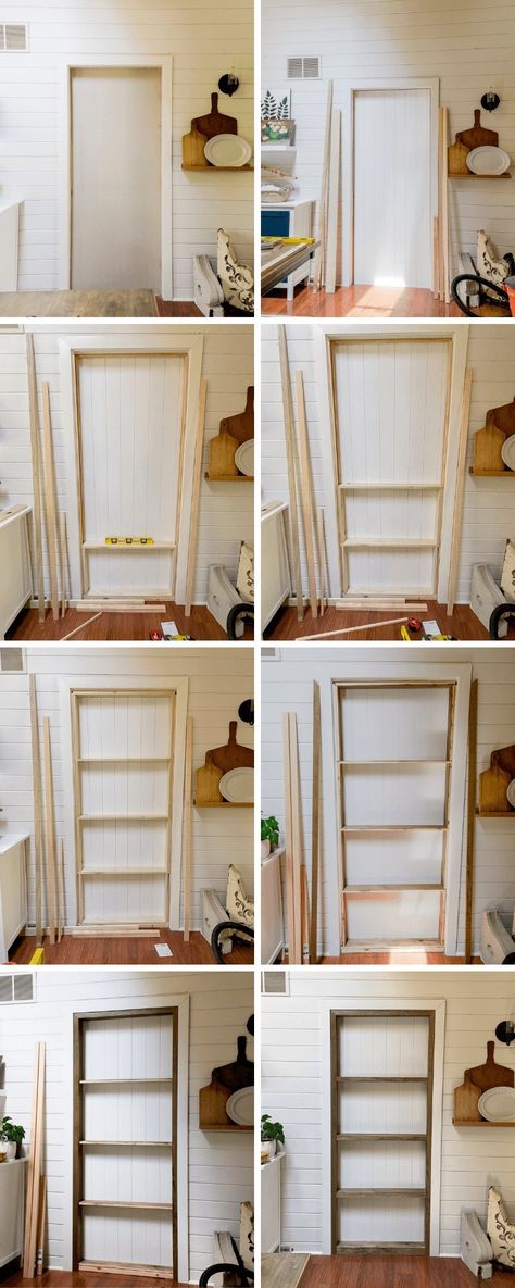 Closing Off A Doorway Diy, Diy Built In Shelves, Framing Doorway, Door Makeover Diy, Hot Tub Room, House Upgrades, Installing Shiplap, Built In Cabinet, Dining Room Remodel