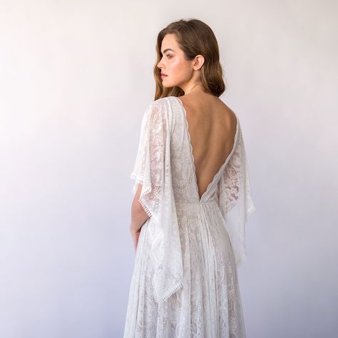 Vintage Style Open Back, Deep V Neckline Angel Sleeves Bohemian Pearly White Wedding Dress 1468 - Etsy Long Sleeve Bridal Gown, Bohemian Wedding Dress Lace, Long Train Wedding Dress, Airy Dress, Open Back Wedding Dress, Wedding Dress With Pockets, Angel Sleeves, White Wedding Dress, Wedding Dress Train