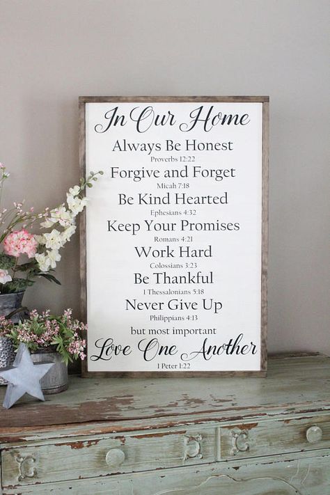 In This Home Sign, Christian Signs For Home Bible Verse, Bible Verse For House Frame, Bible Verse Signs For Home, Family Sign Ideas, Diy House Signs, Reclaimed Wood Signs Diy, Wood Signs Bible Verse, Home Rules