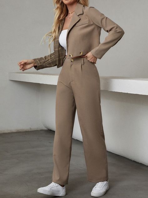 SHEIN Unity Contrast Plaid Lapel Neck Blazer & Pants | SHEIN USA Patchwork Blazer, Cotton Tops Designs, Elegant Pattern, Late Fall, Stylish Work Outfits, Mocha Brown, Style Noir, Blazer Outfits, Pocket Pants