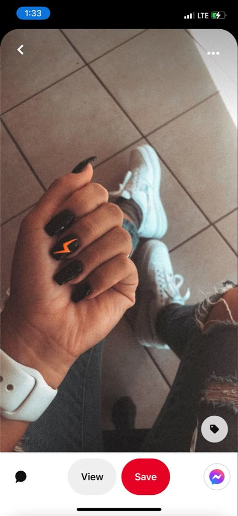 Lighting Bolt Nail Art, Black Nails With Orange, Western Halloween Nails, Coffin Shaped Acrylic Nails, Nails With Orange, Lightning Bolt Nails, Lightning Nails, Orange Lightning, Country Acrylic Nails