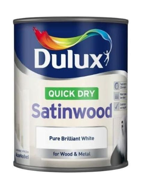 Mid sheen pure brilliant white quick dry satinwood for wood & metal Touch dry in 30 minutes Low odour Dulux Quick Dry Satinwood is ideal for use on wood indoors. With its anti-yellowing, low odour formulation it is convenient and pleasant to use. Dulux Quick Dry Satinwood is drip resistant and does not require an undercoat. Dulux Brilliant White, Dulux Feature Wall, Chic Shadow, Glitter Paint Additive, Painted Radiator, Eggshell Paint, Washable Paint, Polished Pebble, Gloss Paint