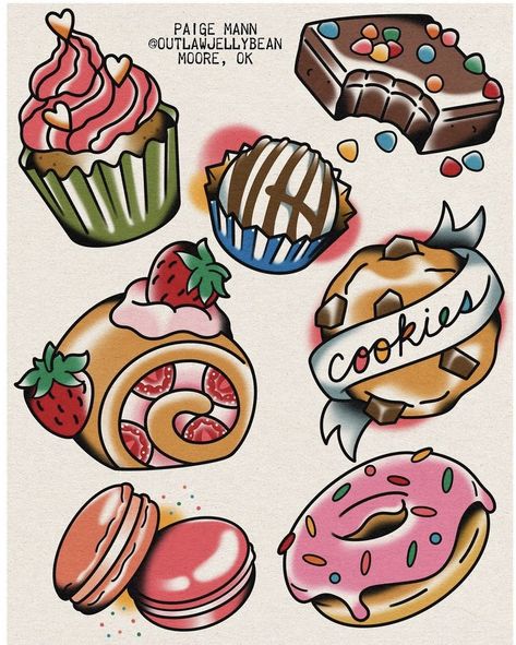 American Traditional Cake Tattoo, Macaroon Tattoo, American Traditional Tattoos Girly, Diner Tattoo, American Traditional Baking Tattoo, Cake Tattoo Traditional, Traditional Candy Tattoo, Traditional Food Tattoo, New School Food Tattoo