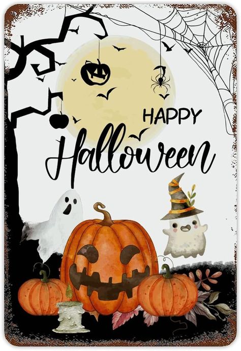 Amazon.com: Vintage Wall Poster Halloween Pumpkin Tin Sign Ghost Happy Halloween Tree Moon Bats Metal Sign Halloween Welcome Sign Rust Style Garden Sign Horror Holiday Party Indoors Outdoors Decor 8x12in : Everything Else Happy Halloween Vintage, Halloween Welcome Sign, Happy Halloween Sign, Tree Moon, Happy Halloween Signs, Poster Halloween, Halloween Tree, Horror Posters, Welcome Poster