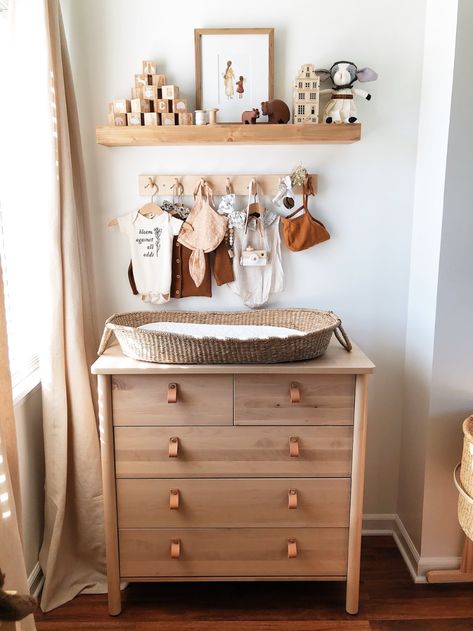 Björksnäs Nursery, Zara Nursery, Decor Above Nursery Dresser, Small Nursery Dresser, Natural Wood Nursery Furniture, Nursery Dresser Ideas, Above Dresser Decor, Nursery Dresser Decor, Nursery Changing Station