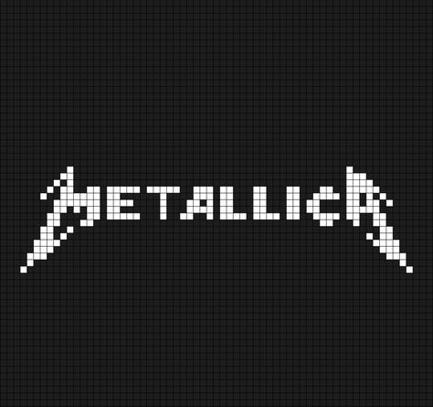 A pixel art template of the Metallica logo, white (text) on dark grey. Metallica Cross Stitch, Perler Bead Band Logos, Metallica Perler Beads, Band Logo Pixel Art, Deftones Pixel Art, Pixel Album Cover, Band Pixel Art, Album Cover Pixel Art, Band Cross Stitch