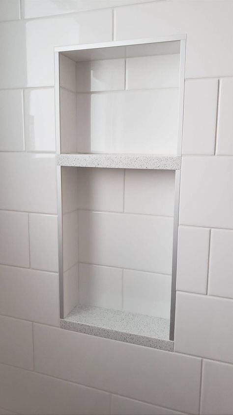 Shower Niche Glass Shelves, Schluter Shower Niche, Quartz Shower Niche, Niche With Schluter, Schluter Niche, Quartz Shelf, Schluter Shower, Bathroom Niche, Interior Tiles