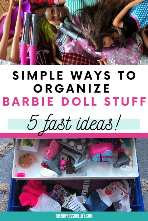 Sick of Barbie doll clutter? These Barbie storage and organization ideas make it easy to find a place to put all the dolls and accessories. Organizing Barbies Storage Ideas, Barbie Organizer Ideas, Barbie Accessories Storage Ideas, Barbie Doll Accessories Storage Ideas, Diy Barbie Storage Ideas, Barbie Playroom Storage Solutions, Barbie Doll Storage, Organizing Barbie Stuff, Barbie Clothes Storage