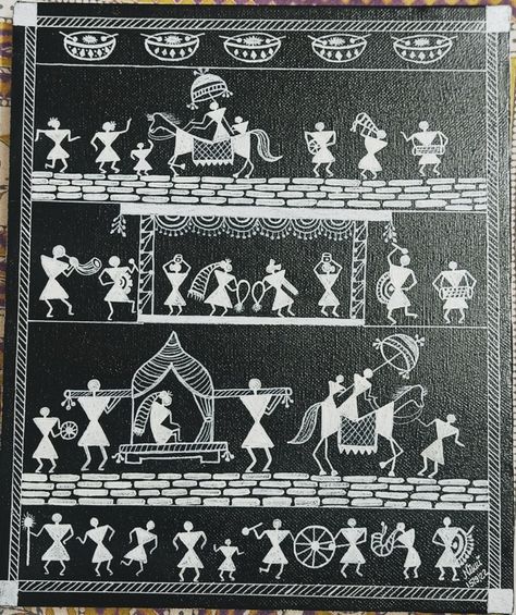 Warli Art Black And White, Warli Art On A3 Sheet, Aariwork Drawing, Warli Art On Canvas, Gandhiji Sketch, Varli Painting Art, Warli Arts, Warli Art Painting, Nokshi Katha