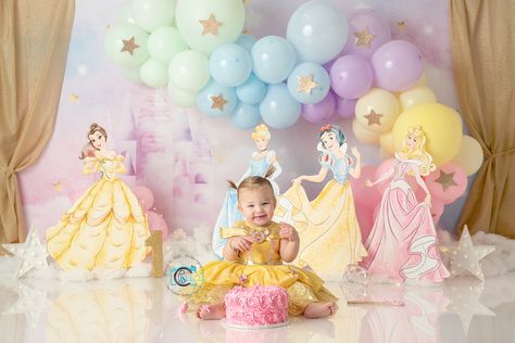 1 Year Princess Photoshoot, Disney Princess Cake Smash, Disney Princess Smash Cake, Princess Birthday Photo Shoot, Disney Princess Photoshoot, Princess Smash Cakes, Mid Year Sale, Belle Birthday Party, Princess Photo Shoot