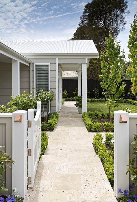 Catherine Street, McCrae — Landscape Design Melbourne Landscape Design Melbourne Coastal Homes Exteriors, Melbourne Landscape, Hamptons Landscaping, Front Pathway, Facade Landscaping, Landscape Design Melbourne, Hamptons Farmhouse, Hampton Homes, Garden Walkways