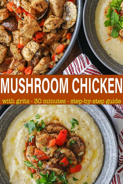 Chicken And Grits, Mushroom Chicken Recipe, Cheddar Grits, Chicken Broth Soup, Vegan Mushroom Gravy, Chicken Mushroom Recipes, Chicken Breast Recipe, Haitian Food Recipes, Sunday Recipes