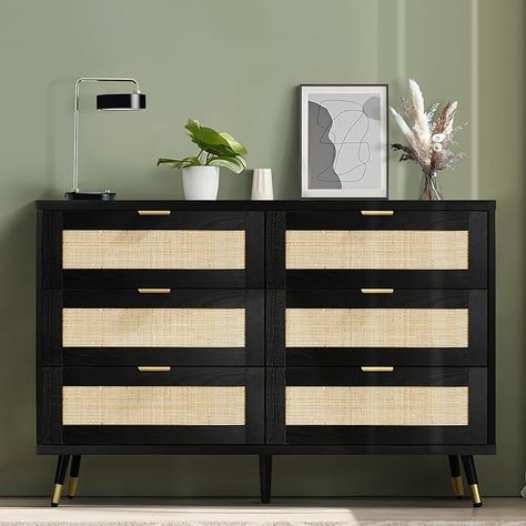 Amazon.com: REVOMINCA Rattan Dresser for Bedroom, 6 Drawer Rattan Dresser, Boho Dresser with Gold Handles & Legs, Wood Rattan Chest of Drawers for Bedroom, Storage Drawers for Living Room and Hallway : Home & Kitchen Black Rattan Dresser, Modern Boho Dresser, Modern Dressers For Bedroom, Drawer Rattan, Boho Dresser, Rattan Dresser, Rattan Design, Black Rattan, Dresser For Bedroom