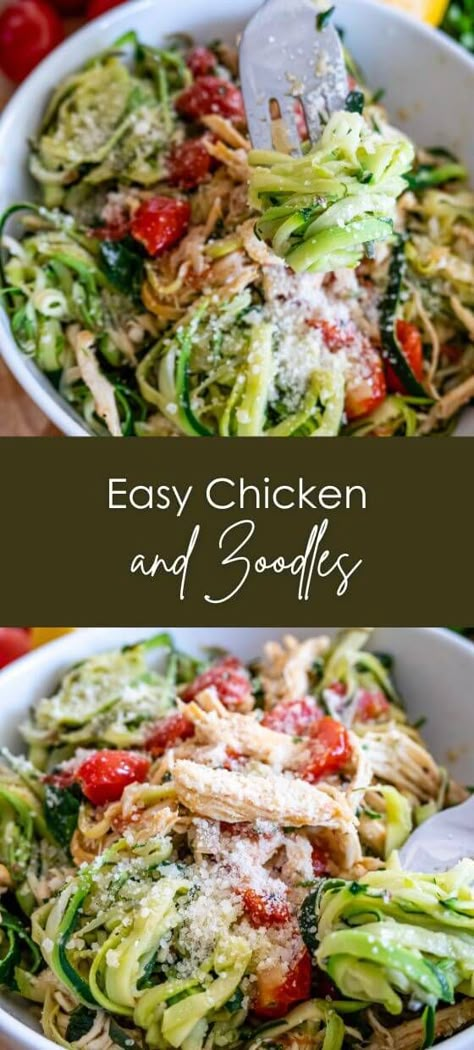 Easy Chicken and Zoodles - Yummy and fully Zoodles And Chicken, Chicken And Zoodle Recipes, Noodles With Zucchini, Chicken And Zoodles, Chicken Zoodle, Spiced Cashews, Chicken Marinara, Med Diet, Zucchini Spaghetti