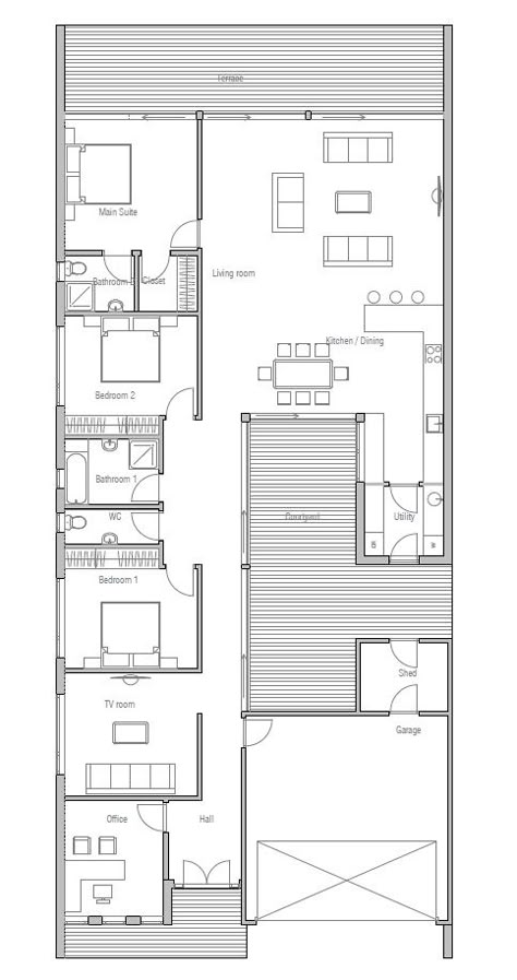 house design contemporary-home-co105 10 L Shaped House Plans, Narrow House Plans, Private Courtyard, Three Bedroom House Plan, Narrow Lot House Plans, Narrow Lot House, Floor Plan Ideas, House Plans One Story, Beach House Plans