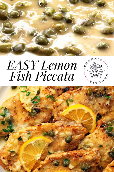 Crispy flour-coated fish fillets pan-fried until golden, served in a lemon, garlic white wine sauce with capers. Lemon Fish Piccata is a fantastic recipe that is both easy to make and tastes great. The fish and lemon sauce is a marriage made in heaven! The best restaurant quality seafood dinner! 

Stop at errenskitchen.com for more easy, delicious recipes! White Perch Recipes, White Fish Piccata, Fish In White Sauce, Plaice Fish Recipes, Fish Piccata, Recipes With Capers, Lemon White Wine Sauce For Fish, Fish Capers Lemon Recipe, Lemon Butter Garlic Fish