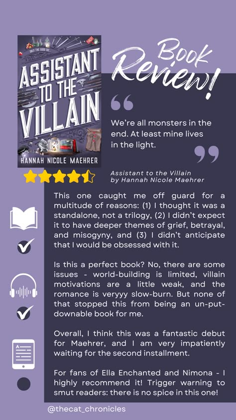 📚Book Review📚 insta: @thecat_chronicles Title: Assistant to the Villain Author: Hannah Nicole Maehrer Rating: ⭐⭐⭐⭐.5 / 5 The Assistant To The Villain, Apprentice To The Villain, Assistant To The Villain Fan Art, Assistant To The Villain Fanart, Assistant To The Villain, Bookish Party, Productive Era, Bible Jokes, Impatiently Waiting