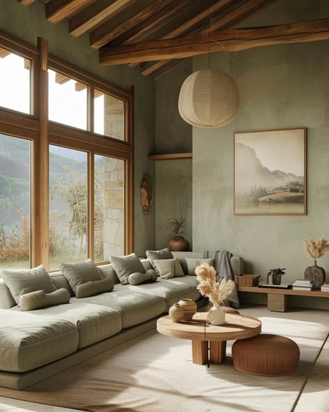 Green And Wood Home Aesthetic, Japandi Living Room Black Sofa, Earthy Tones Living Room, Sage Green Living Room Ideas, Terracotta Ideas, Welcome Home Decor, Green Living Room Ideas, Sage Green Living Room, Green Living Room