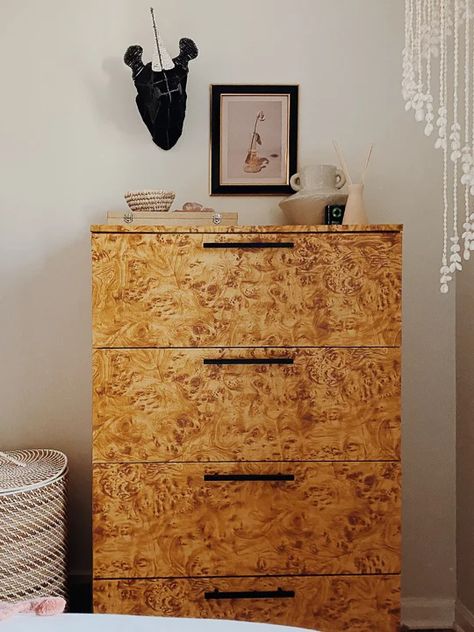 Burl Wood or Contact Paper? These 3 Furniture Hacks Are an Optical Illusion | domino Remodel Aesthetic, Contact Paper Cabinets, Dresser Styling, Nyc Bedroom, Burled Wood Furniture, Tv Unit Interior, Unit Interior Design, Art Deco Wood, Try Try