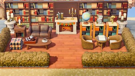 Acnh Outdoor Bookstore, Acnh Library Design Code, Animal Crossing Extra Space Ideas, Acnh Medium Area Ideas, Acnh Outside Library, Bookstore Animal Crossing, Animal Crossing Library Ideas, Acnh Narrow Area Ideas, Acnh Open Space Ideas