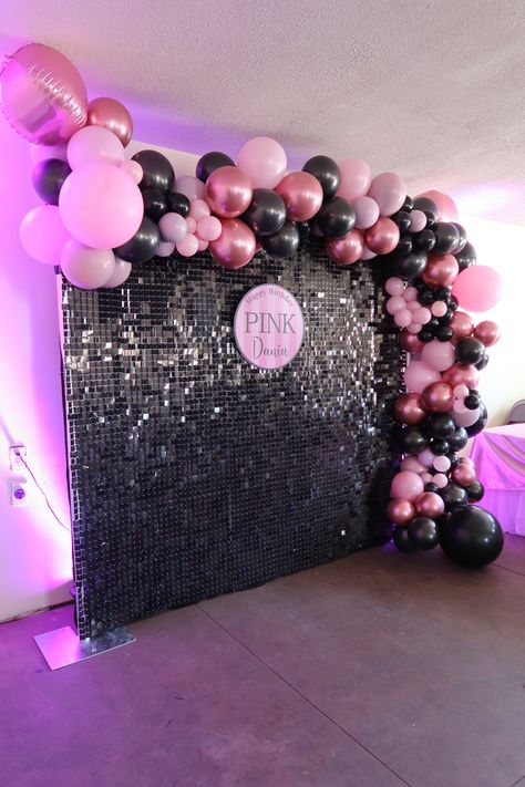 Pink backdrop pink party black background sequin backdrop Pink And Black Photo Backdrop, Black And Pink 50th Birthday Party, 18th Birthday Party Ideas Decoration Black And Pink, Black Pink Birthday Decorations, Pink And Black Theme Birthday Party, 18th Birthday Party Ideas Pink And Black, Sweet 16 Birthday Backdrop, Pink Black And Gold 40th Birthday Party, All Black Backdrop Ideas