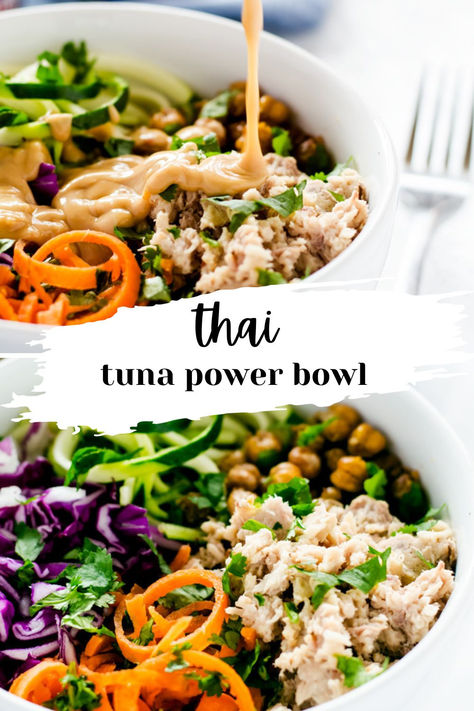 collage showing all components of the bowl Thai Power Bowl, Healthy Tuna Bowl Recipes, Tuna Bowl Meal Prep, Tuna Power Bowl, Tuna Rice Bowl Healthy, Quinoa Tuna Bowl, Tuna Bowl Healthy, Tuna Bowl Canned, Canned Tuna Bowl