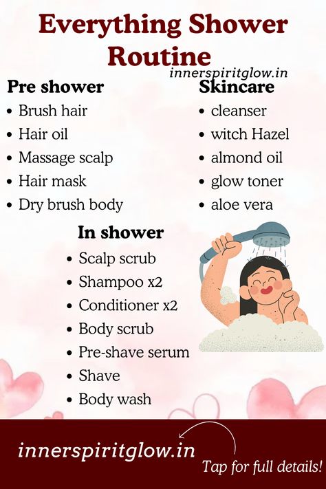 Achieve glowing skin with the ultimate 6-step everything shower routine! Cleanse, exfoliate, shave, hydrate, and nourish for a full-body glow. Your best skin starts here! ✨🚿 #innerspiritglow #everythingshowerroutine #glowingskin #skincareroutine #selfcare #showerroutine #bodycare #beautytips #selfcareroutine #hydratedskin #smoothskin Shower Routine Steps, Almond Oil Hair, Everything Shower Routine, Skincare Brush, Body Glow, Hair Cleanser, Types Of Acne, Scalp Scrub, Shower Routine