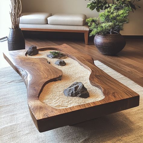 The Zen Rock Garden Coffee Table brings tranquility into your home with its minimalist design. Inspired by traditional Japanese rock gardens, this table features a serene arrangement of stone-like elements on a smooth, natural surface. Its calming aesthetic makes it a perfect centerpiece for fostering relaxation and mindfulness in any living space. Zen Garden Table, Japanese Furniture Modern, Rock Table, Japanese Rock Garden, Calming Aesthetic, Zen Rock Garden, Zen Rock, Garden Coffee Table, Japanese Furniture