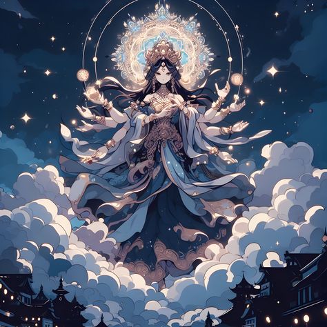 An anime of goddess Durga with light clouds in the night sky God Of Sky Fantasy Art, Anime Gods And Goddesses, Cloud Goddess Art, Goddess Of Time Fantasy Art, Durga Digital Art, Anime Goddess Art, Cloud Goddess, Dream Goddess, Art Goddesses