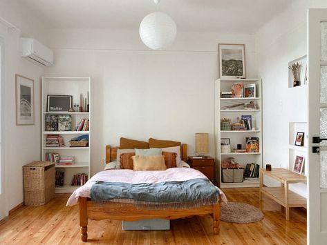 Bedroom With Wooden Bed, Greece Apartment, Blue Blankets, Athens Apartment, Small Apartment Interior, Wooden Bed Frame, Rental Apartment, Living Room Photos, Wooden Bed Frames