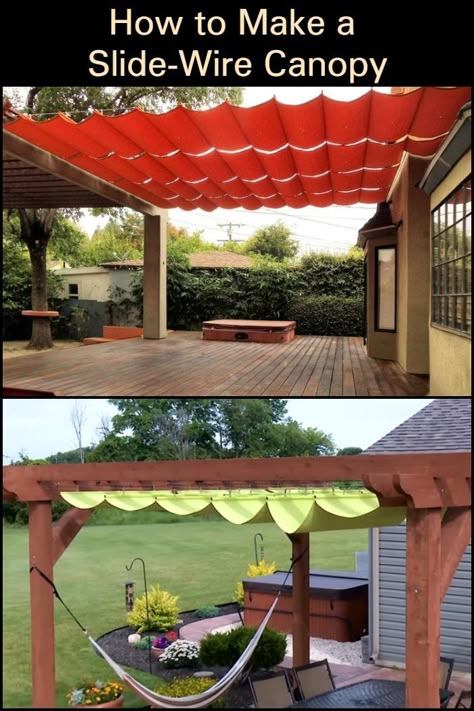 Add Extra Shade to Your Outdoor Area by Making a Slide-Wire Canopy Slide Wire Canopy, Pergola Patio Ideas Diy, Deck Shade, Pergola Diy, Backyard Shade, Retractable Pergola, Pergola Swing, Diy Canopy, Shade Sails