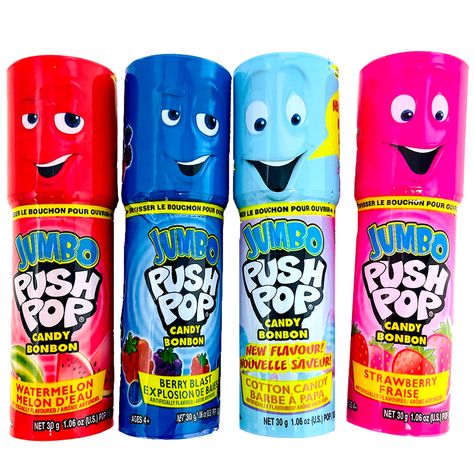 When it comes to a Push Pop-get the jumbo! Have a jumbo taste of the famous Push Pop! Jumbo Push Pop is the big daddy of lollipops! It comes in a convenient container, allowing you to enjoy some now and save some for later! There'll be no sticky fingers with the lollipop! Your candy cravings will soon be a thing of the past! As you open up this lollipop, you'll taste a whirlwind of sweet and sugary deliciousness. Comes in a variety of fantastically fruity flavors like blue raspberry, strawberry, Push Pop Candy, 80s Candy, Big Lollipops, Childhood Candy, 90s Candy, Candy Sour, Lily Cake, Candy Room, American Candy