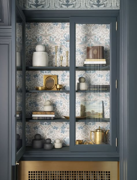 a glass cabinet with many objects in it Timeless Entryway, Pimpernel Wallpaper, Mint Green Room, Green Room Design, Hvac Cover, Small Sitting Area, Conservatory Design, Kate Marker Interiors, Oval Room Blue