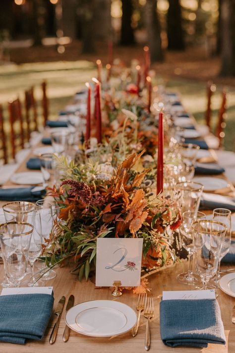 Colorful Head Table Wedding, Terracotta And Blue Tablescape, Fall And Blue Wedding, Rust Burgundy Blue Wedding, Muted Jewel Tones Wedding, Navy Blue Fall Wedding Centerpieces, Red And Blue Fall Wedding, Navy And Terracotta Wedding Colors, Fall Tone Wedding