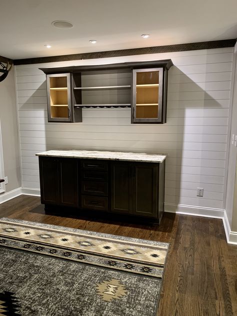 Shiplap behind wet bar Bar With Shiplap Wall, Bar With Shiplap, Wet Bar Shiplap Backsplash, Shiplap Under Kitchen Bar Counter, Coffee Bar Wine Cooler Cabinet Floating Shelf Wall Area, Farmhouse Shiplap, Shiplap Wall, Behind Bars, Dry Bar