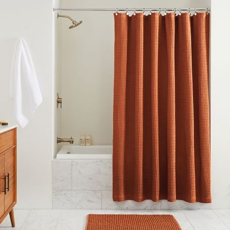 Shower Curtains | West Elm Waffle Shower Curtain, Orange Shower Curtain, Waffle Weave Shower Curtain, Fall Bathroom, Orange Bathrooms, Kids Bath, Curtain Bangs, Bathroom Shower Curtains, Bathroom Makeover