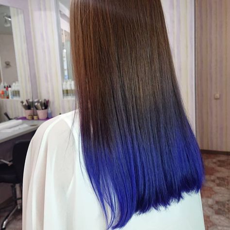 Brunette Hair With Blue Tips, Blue Tipped Hair Brown, Blue Hair At The Ends, Hair Dye Ends Of Hair, Blue Hair Ends, Blue Ends Hair Brown, Brown Hair Faded Into Blue, Dyed Ends Of Hair Brunettes, Dip Dyed Hair