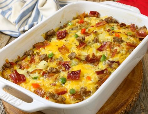 Fully Loaded Cheesy Breakfast Casserole - Recipes | Jones Dairy Farm Hawaiian Dinner, Cheesy Breakfast Casserole, Egg Bake Casserole, Cheesy Breakfast, Breakfast Sliders, Eggs Scrambled, Tater Tot Breakfast Casserole, Breakfast Egg Casserole, Tater Tot Breakfast