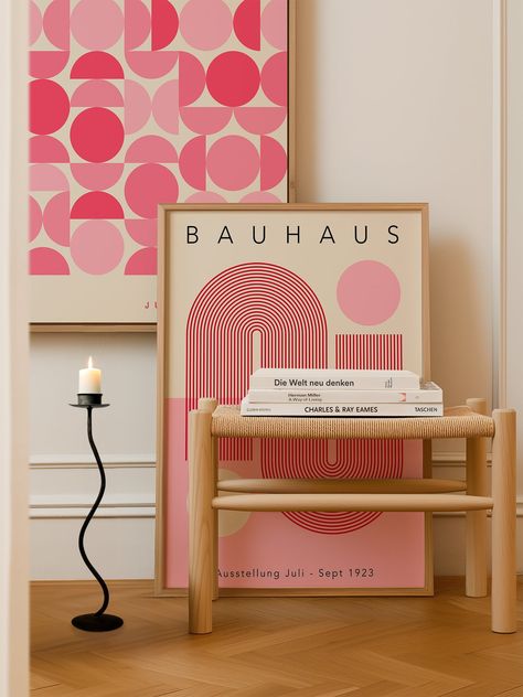 This stylish pair of bauhaus-inspired posters is the perfect addition to any décor. The pink geometric design of this set of two posters creates an aesthetically pleasing contrast to any space and will make your home or office look more sophisticated. Their complimentary designs ensure that they look great as a pair or separately. Product Design Poster Ideas, Office Poster Design, Mid Century Graphic Design, Mid Century Modern Graphic Design, Office Decor Inspiration, Office Vibes, Wellness Space, Bauhaus Print, Bauhaus Inspired