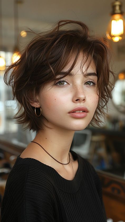 Short Layered Haircut Round Face, Cute Shaggy Short Hair, Cute Short Haircuts With Layers, Cute Short Hair Cuts For Women, Short Hairstyle Women Shag, Short Round Face Hairstyles, Short Shaggy Hairstyle Women, Short Hair Inspiration Layers, Layered Shaggy Bob With Bangs