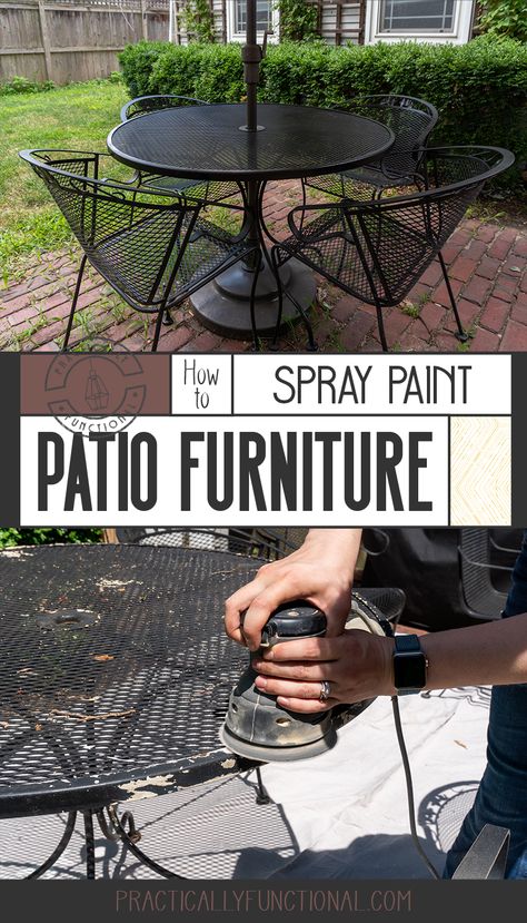 Spray paint your patio furniture to give it a brand new look! Learn how to easily fix rust spots and peeling paint for an outdoor furniture makeover in just 2 hours! Wrought Iron Patio Furniture Makeover, Spray Paint Patio Furniture, Painting Metal Outdoor Furniture, Cast Iron Patio Furniture, Paint Patio Furniture, Painting Patio Furniture, Paint Patio, Outdoor Furniture Makeover, Repair Furniture