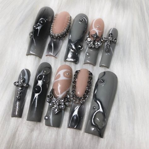 Silver Grey & Black Ombre French Tip Goth Emo Press on Nails - Etsy Grey Black Nail Art, Grey Design Nails, Grey Goth Nails, Black Grey Silver Nails, Grey And Black Acrylic Nails, Black Gray Nails, Silver Halloween Nails, Black Grey Nails, Grey Silver Nails