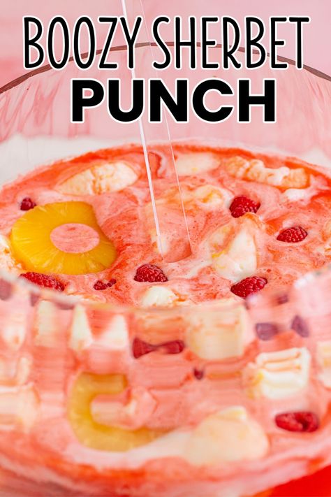 Perfect for any occasion, Boozy Sherbet Punch is the sweet, fruity kick your party needs! This festive punch is a huge hit with everyone! #BreadBoozeBacon #sherbet #punch #strawberry #pineapple #prosecco #drink #cocktail #party #bridalshower #wedding #newyearseve Spiked Sherbet Punch, Champagne Sherbet Punch, Boozy Sherbet Punch, Sherbert Punch Alcoholic, Spiked Punch Recipes, White Wine Punch, Strawberry Champagne Punch, Sorbet Punch, Boozy Punch