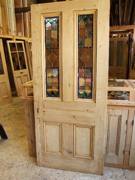 Doors With Stained Glass Windows, Stain Glass Barn Door, Stained Glass Doors Entrance Vintage, Door With Stained Glass Panel, Wooden Door With Glass Panel, Antique Front Doors, Stainglass Doors, Wood Front Doors With Glass Panels, Stain Glass Front Door