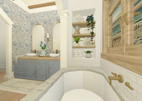 Coastal Bathroom Bloxburg Ideas, Coastal Decor Bloxburg, Coastal Teen Bathroom Bloxburg, Beach Aesthetic Bloxburg House, Small Coastal Bloxburg House, Beach House Bathroom Bloxburg, Coastal Farmhouse Bloxburg, Tsitp Bloxburg House, Bloxburg House Beachhouse