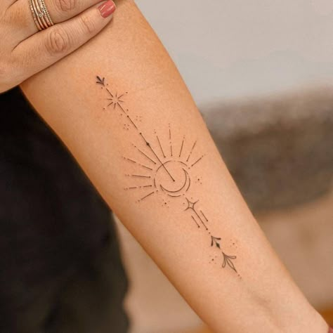 Fine line ornamental sun and moon tattoo on the inner Moon Sun Tattoo, Tattoo Moon, Hippie Tattoo, Inner Forearm Tattoo, Boho Tattoos, Unalome Tattoo, Geometric Tattoos, Spine Tattoos For Women, Sun Tattoos